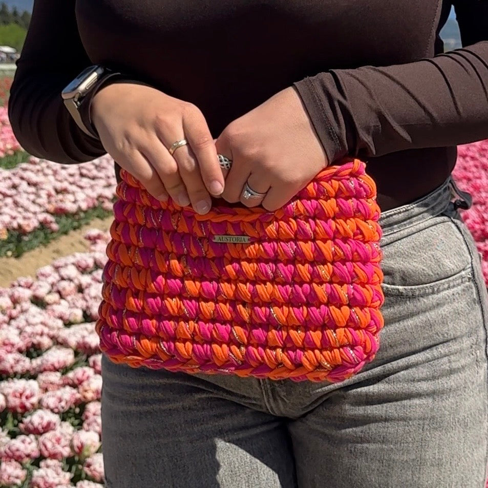 Sac Alma - Fuchsia et orange fluo et fil pailleté doré