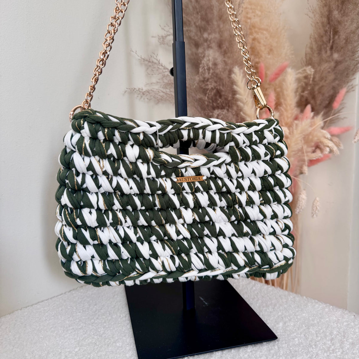 Sac Alma - Blanc crème, kaki et fil pailleté doré