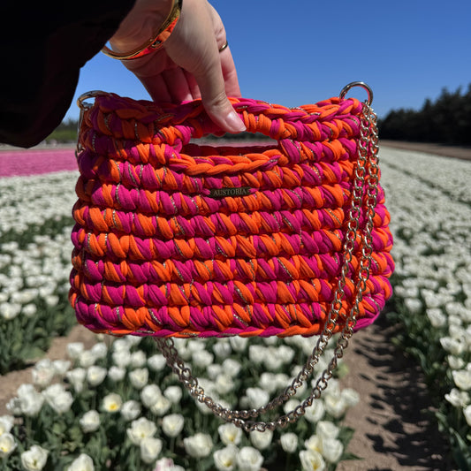 Sac Alma - Fuchsia et orange fluo et fil pailleté doré