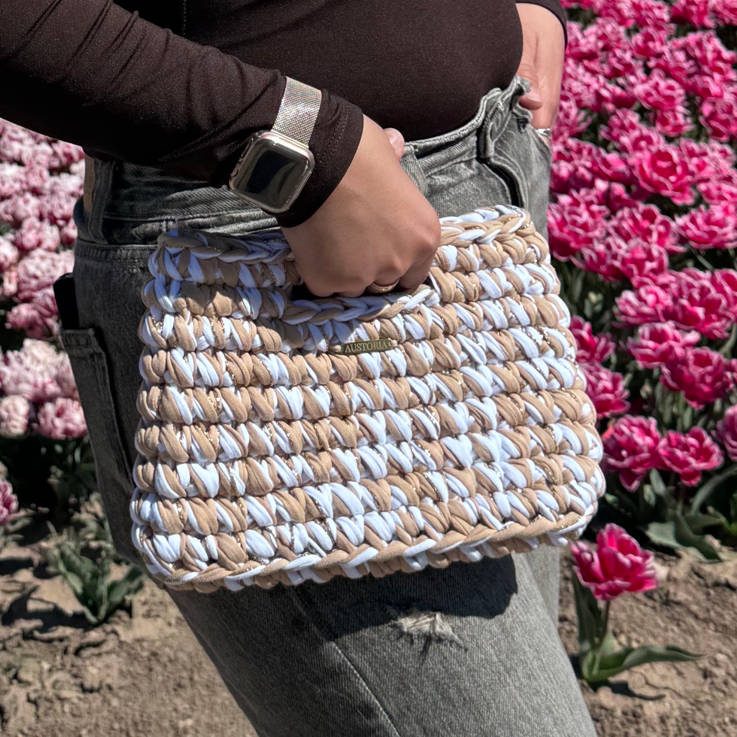 Sac Alma - Blanc, caramel et fil pailleté doré