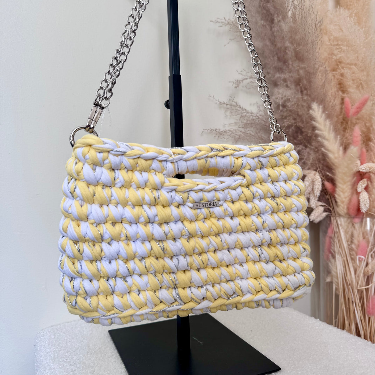 Sac Alma - Blanc, jaune et fil pailleté argent