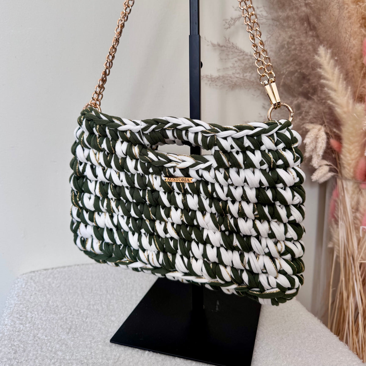 Sac Alma - Blanc crème, kaki et fil pailleté doré